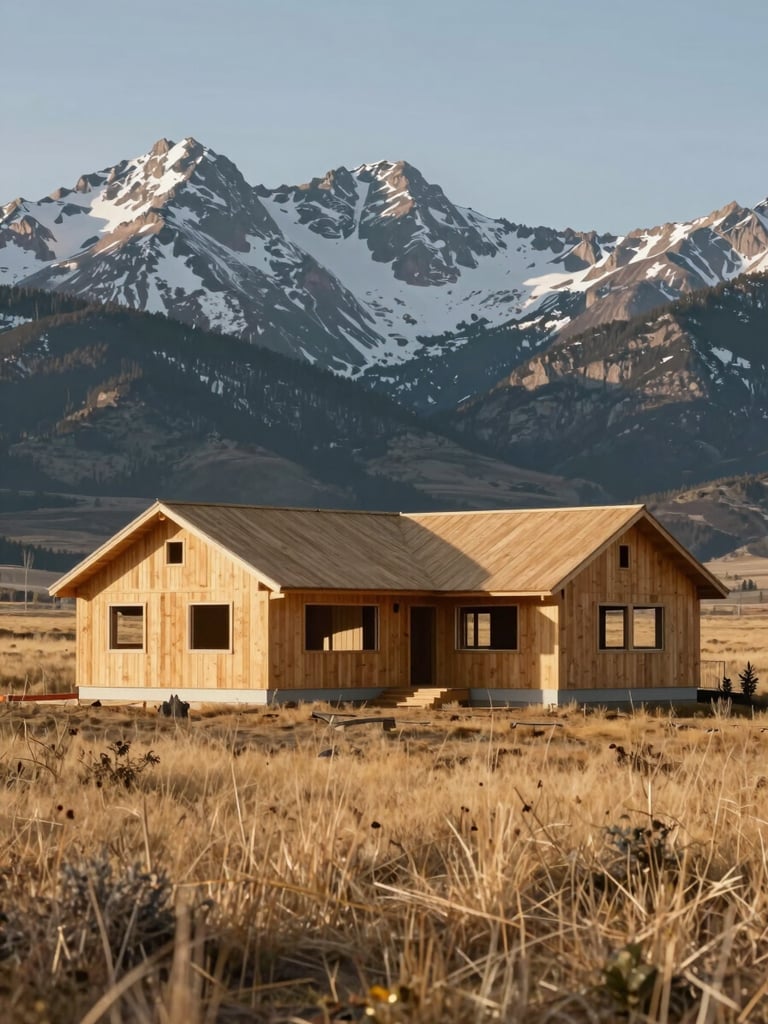 Wide environmental shot of a completed stick-frame home set against the Rocky Mountain foothills of Grand County, Colorado — low timber-clad gable facing left, expansive open meadow in foreground, snow-dusted peaks visible in background, morning north light, no staging or people