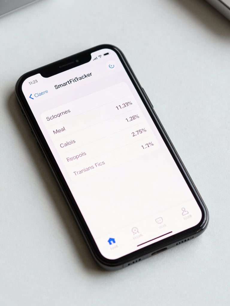 Extreme close-up overhead flat-lay of a smartphone on a clean white desk, the SmartFitTracker app dashboard visible on screen showing meal log and calorie metrics, bright studio lighting, no shadows, neutral background
