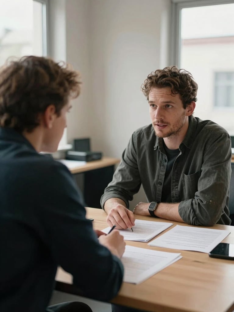 Medium environmental shot of two club board members in casual discussion inside a modest club office, documents on the table, natural window light from the side, genuine mid-conversation framing, no poses