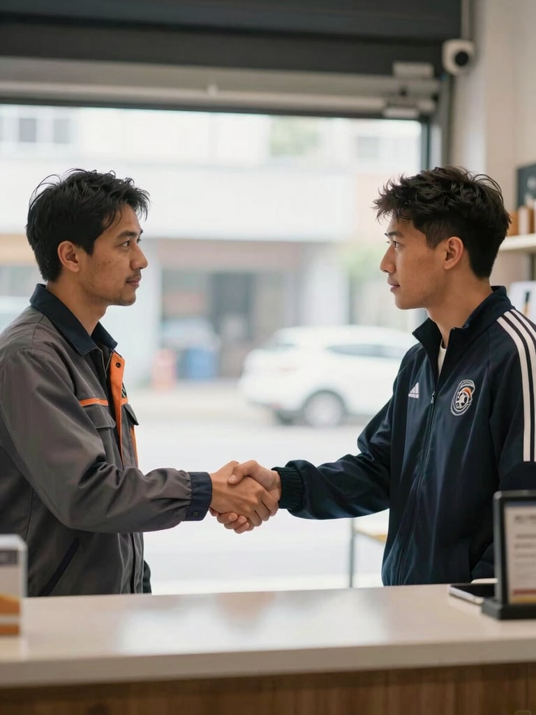 Two people in conversation at a small regional business counter — one in work clothing, one in a sports club jacket — shaking hands across the counter, natural indoor daylight, medium shot showing both faces and the handshake in context