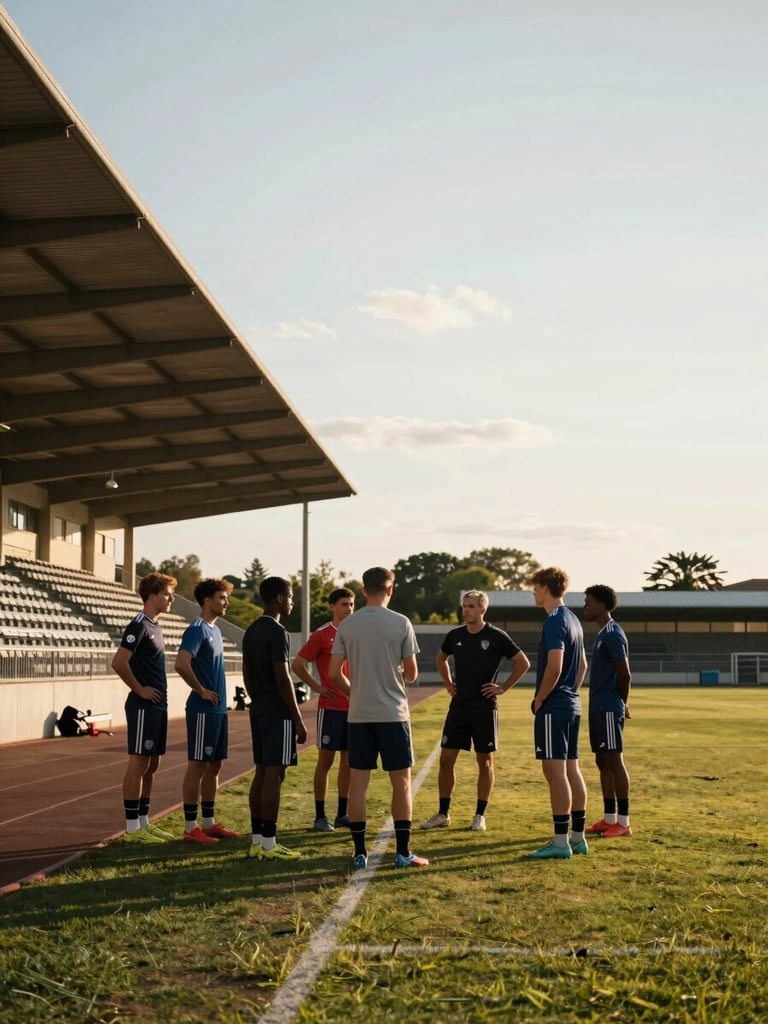 Wide environmental shot of a local football club facility at golden hour — players in kit gathered near the touchline in natural conversation, not posed, bleachers visible in the background left, open sky to the right, warm daylight, mid-distance framing