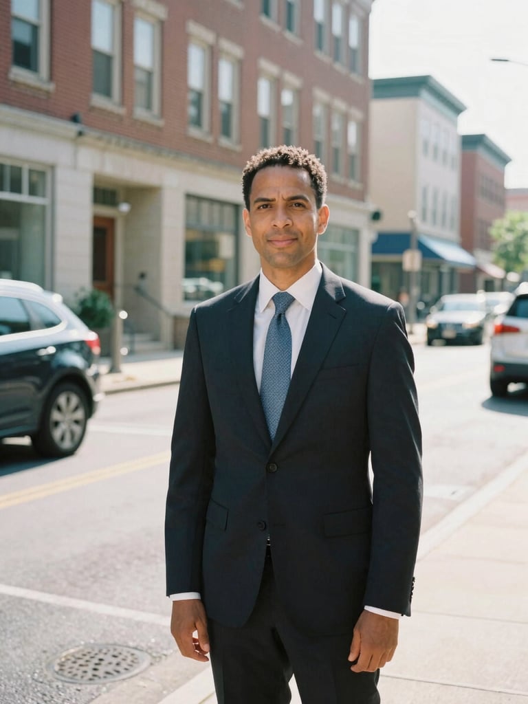 Crisp editorial portrait of a professional insurance agent standing outside a brick office building on N Paca Street in Baltimore, bright morning daylight, 35mm