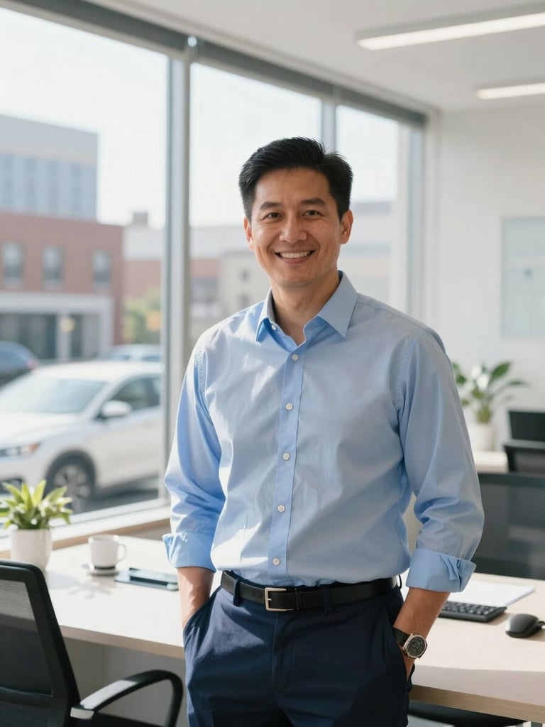Crisp editorial portrait of a professional insurance agent in a bright, modern Baltimore office, natural morning light, 35mm