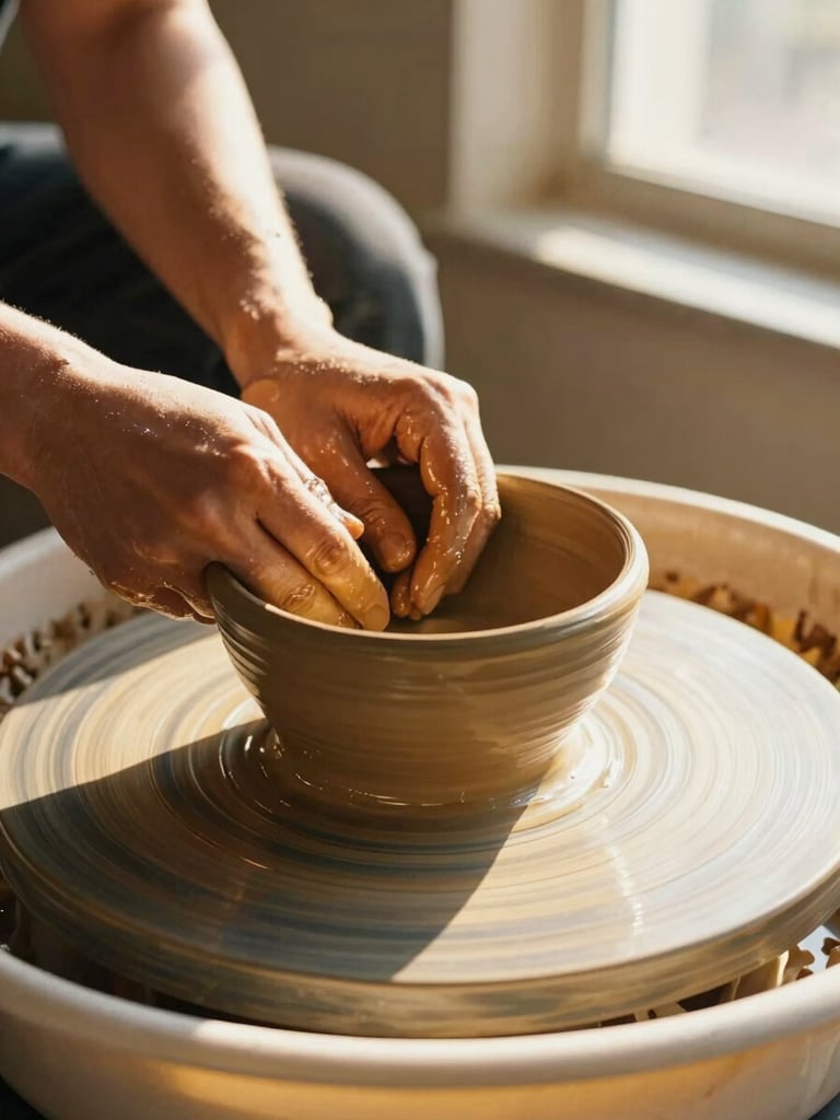 Hands shaping a wet terracotta clay bowl on a potter wheel, warm golden-hour sunlight casting long shadows, close-up, 35mm film