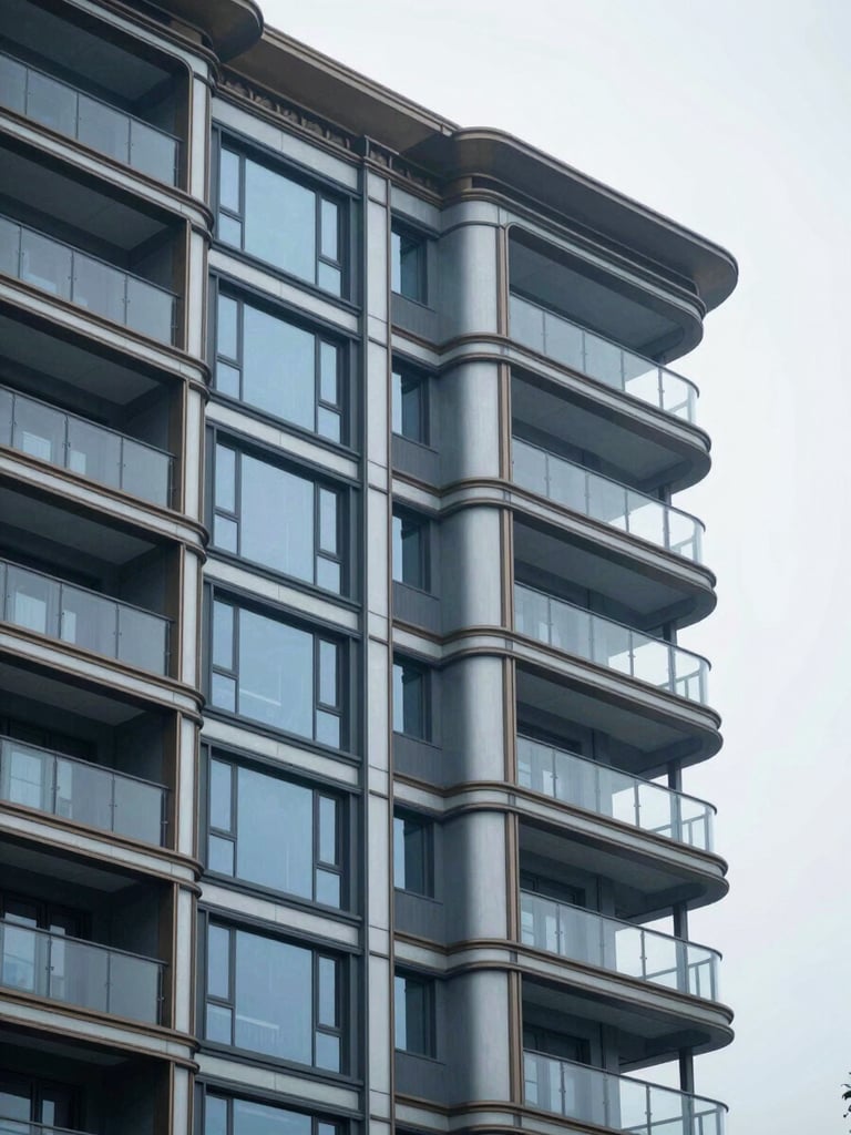 Architectural rendering of a high-end residential building facade, with focus on intricate details and material transitions, cool overcast daylight, desaturated petroleum blue and slate gray tones, sharp focus, 35mm lens.