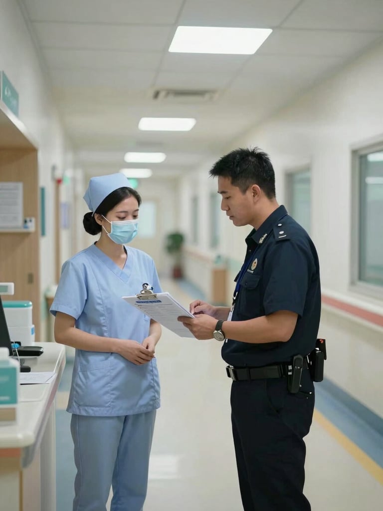 Wide operational shot inside an active hospital corridor, a facility inspection officer in uniform reviewing a compliance log clipboard near a nurses' station, overcast institutional fluorescent lighting, no posed smiles, documentary framing