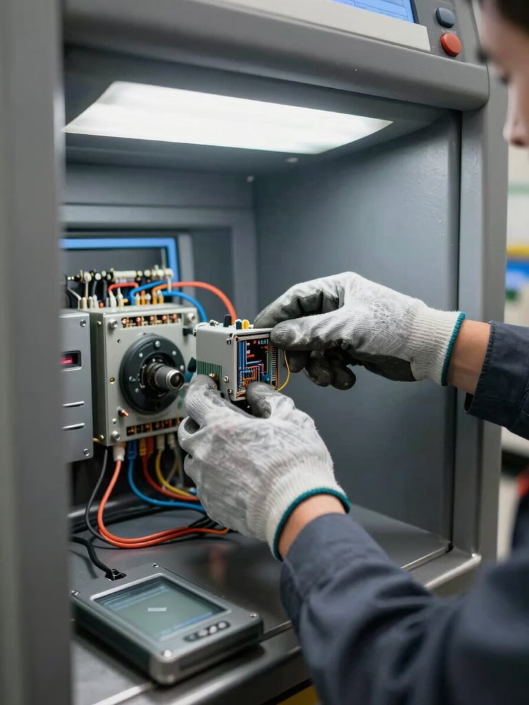 Close-up of a facility maintenance technician's gloved hands inspecting ATM internal components under institutional fluorescent lighting, tools and diagnostic equipment visible on a steel work surface, wiring and circuit panels in sharp focus, operational context unmistakable