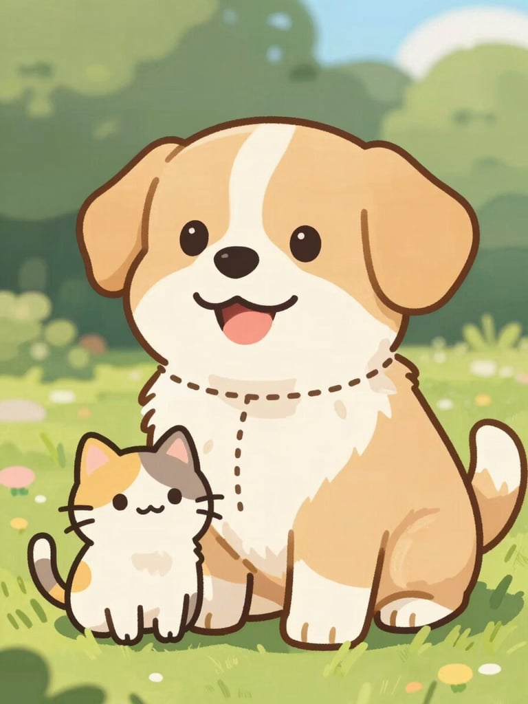 A cute, warm-toned illustration of a happy cartoon dog and cat with dotted lines showing where to measure their neck, chest, and back, soft pastel colors, friendly educational diagram.