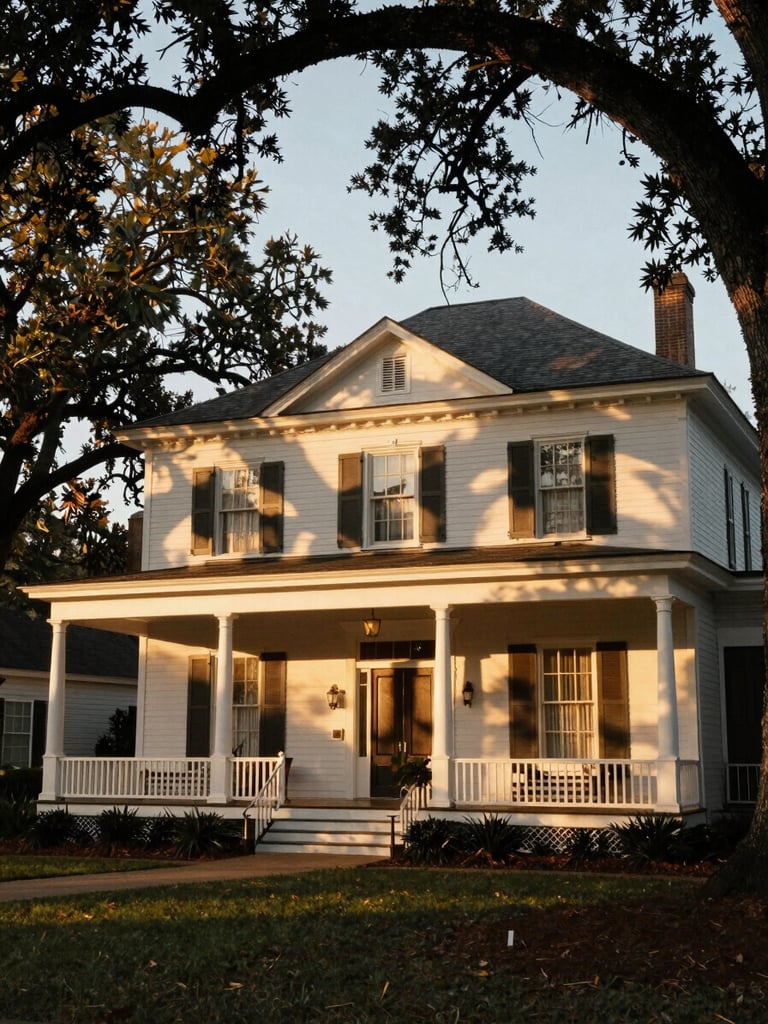 A warm golden-hour architectural crop of a historic Southern home porch in Griffin, Georgia, soft sunlight filtering through oak trees, elegant 35mm editorial photography.