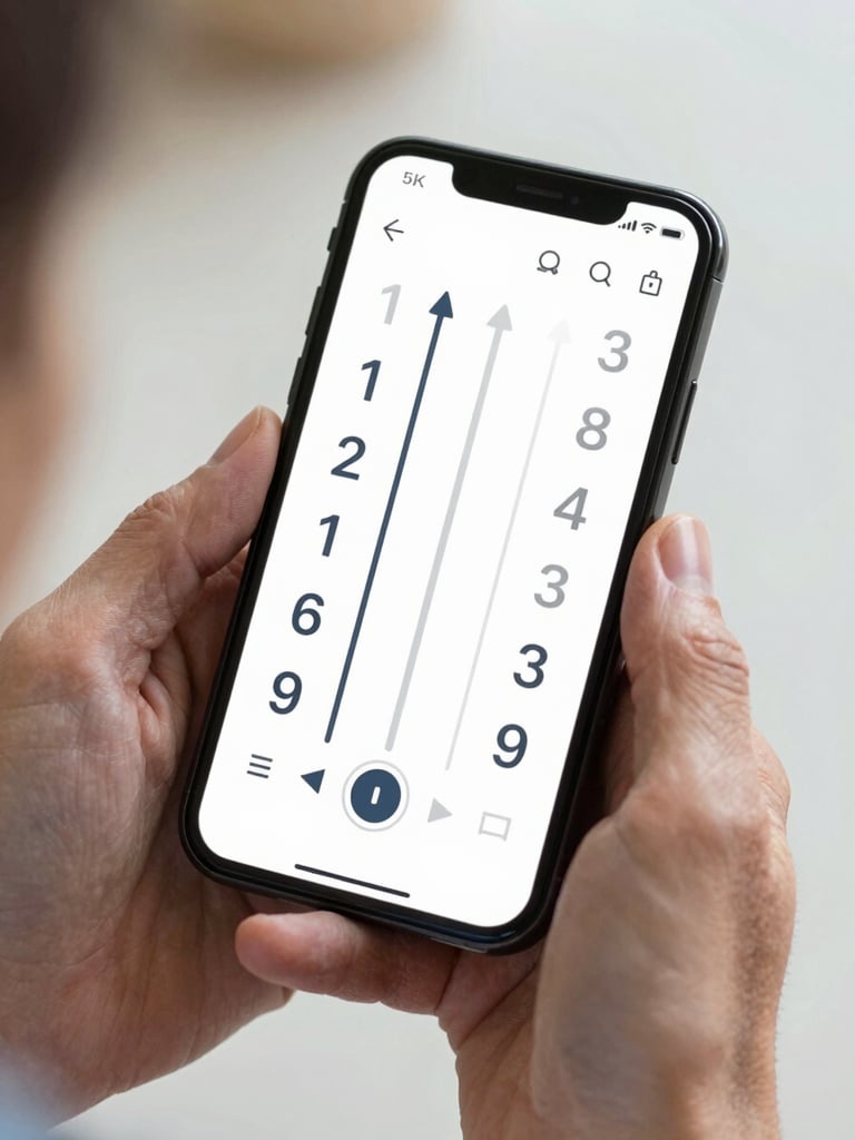 A close-up of a clean smartphone screen showing a clear, simple financial slider interface with large numbers, held by hands of an older adult in a bright room.