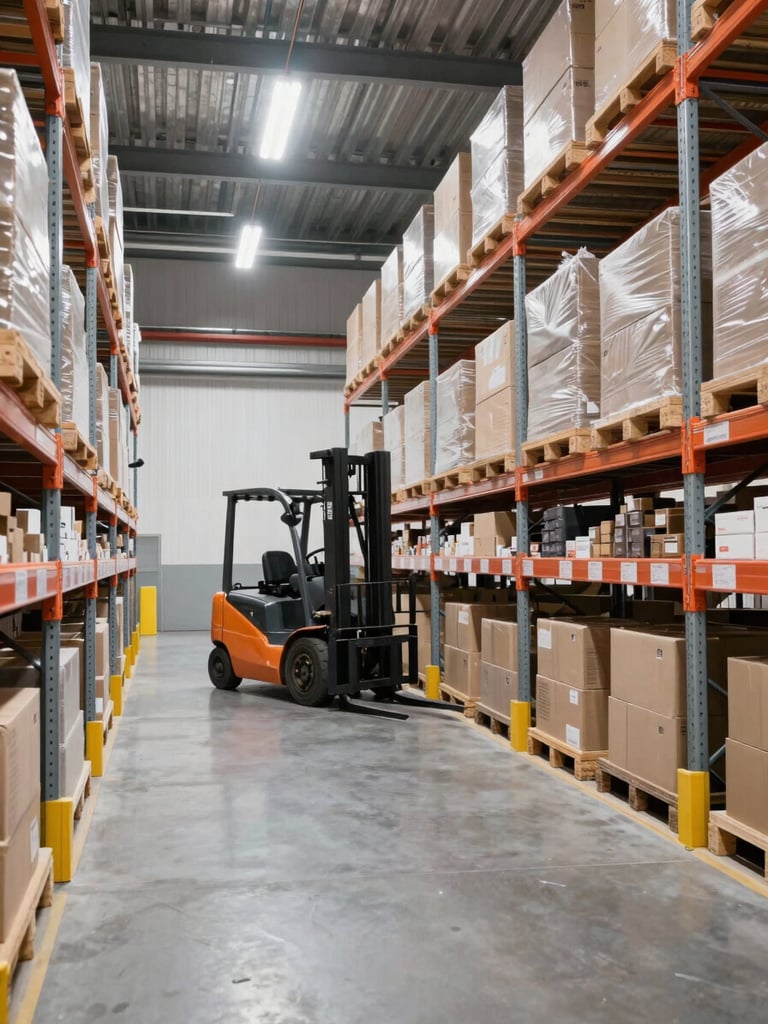 A clean, modern warehouse interior with organized high shelving, bright industrial lighting, a forklift in the background, sharp commercial photography.