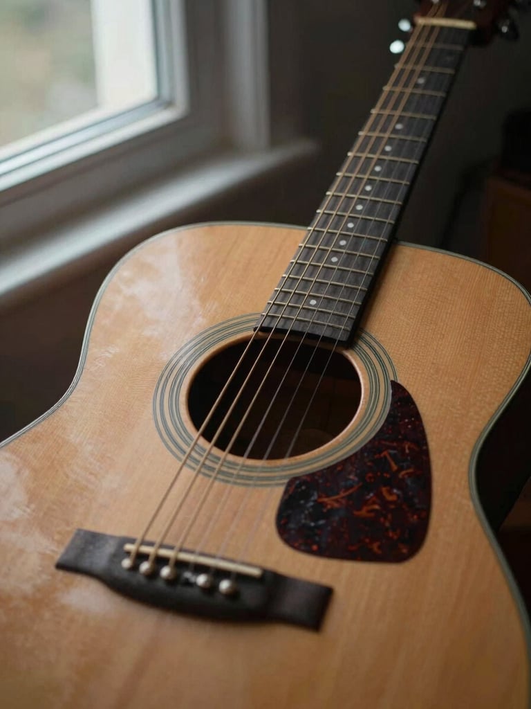 Close-up of hands resting on the body of an acoustic guitar in a dim room, north-facing window light casting a pale strip across the strings, worn fret board visible in deep shadow, aged wood texture filling the frame