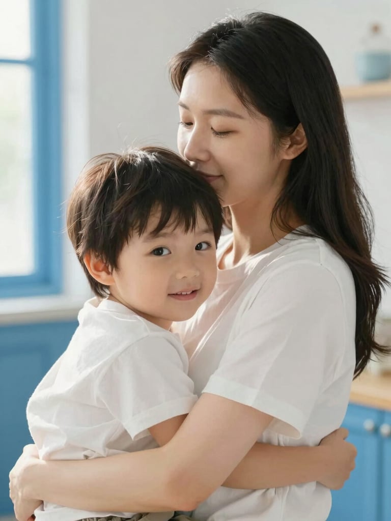 Candid portrait of a mother hugging her child warmly, soft natural daylight, blue interior accents, shallow depth of field, high-end editorial