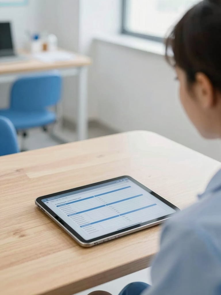 Modern bright clinical office with soft lighting, a digital tablet displaying charts resting on a clean wooden desk, warm blue accents, high-end editorial photography