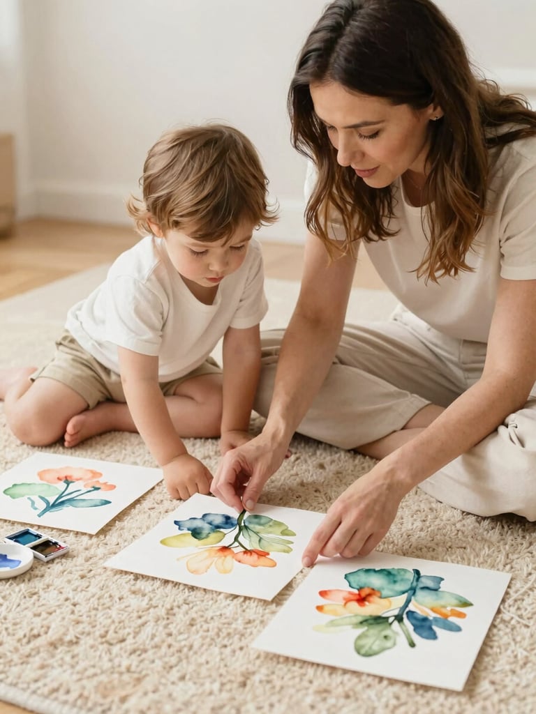 A mother and child sitting on a warm beige rug, gently examining watercolor paintings together, soft diffused daylight, warm editorial style