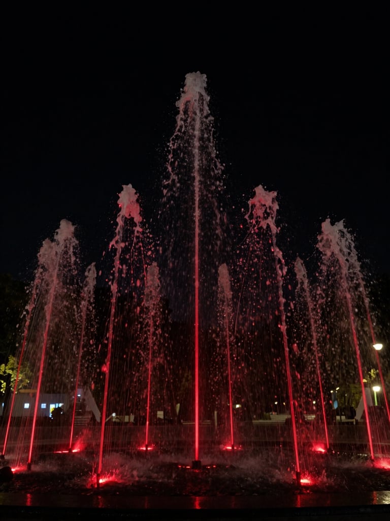 Low-key architectural photography of a modern outdoor water fountain at night, sharp red laser lines reflecting off cascading water, deep black background