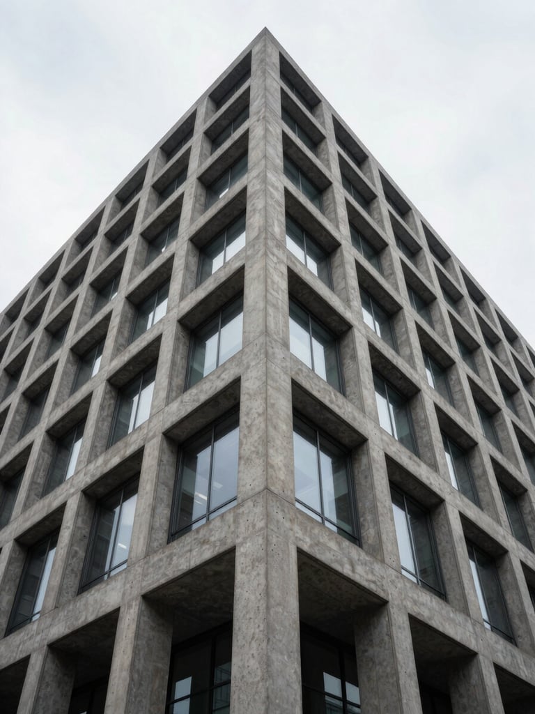 Symmetrical wide-angle crop of a modern concrete and steel corporate facade under cool overcast daylight, emphasizing sharp structural geometry.