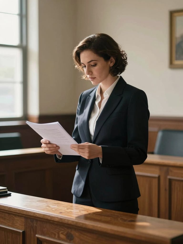 Medium shot of a female attorney in a dark blazer standing beside a courtroom bench, reviewing a case file, natural window light from the left casting a quiet shadow, courthouse interior visible in the background, documentary tone