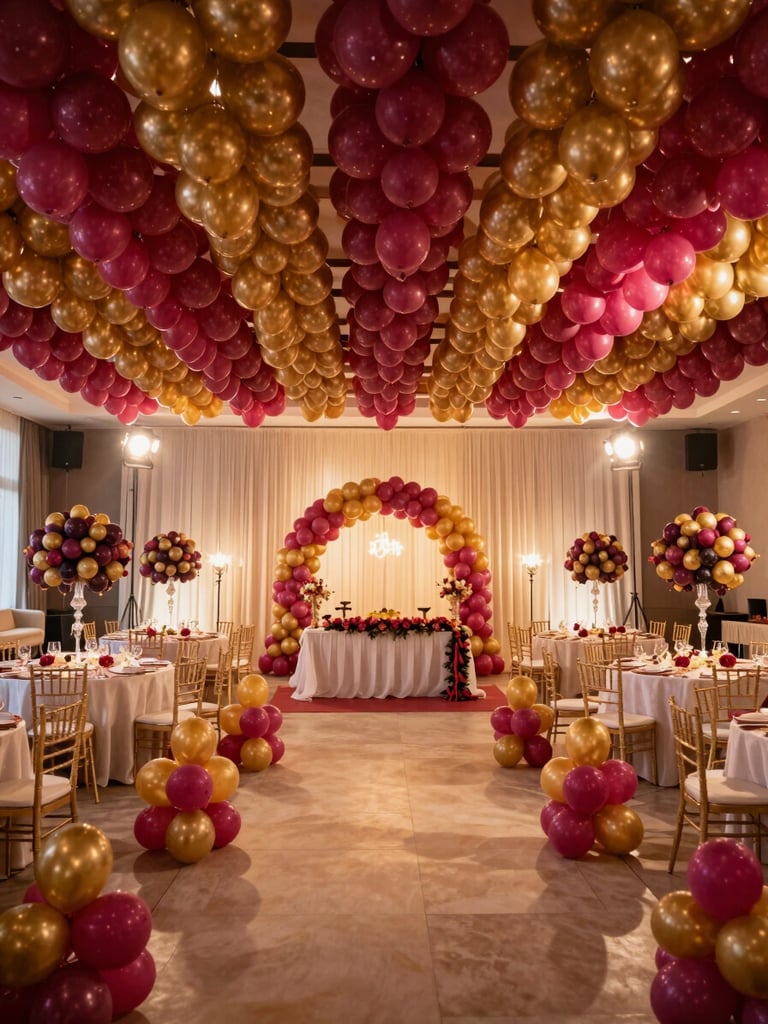 Wide environmental shot from guest-entry perspective of a fully decorated indoor ballroom in Hyderabad — ceiling-hung balloon clusters in deep magenta and gold cascade over a styled sweetheart table, warm studio strobes illuminate the entire space, every surface color-coordinated from the draping to the floor arrangement, no people present, full-room view showing the complete decoration at stage height