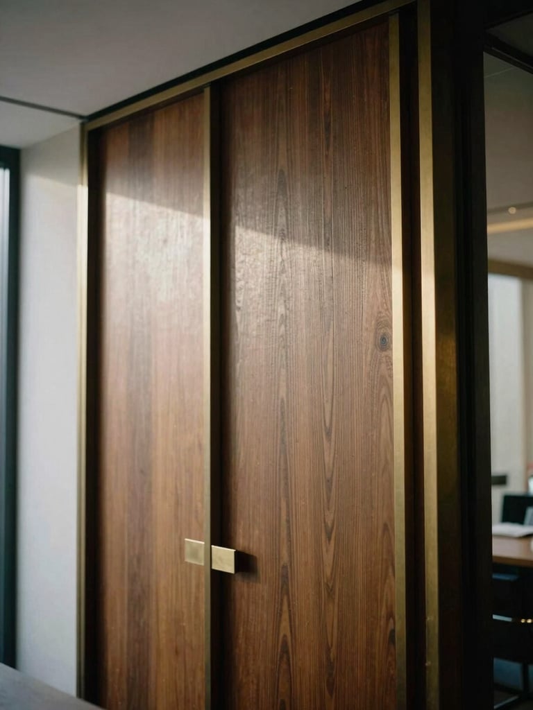 Architectural detail of a modern private office in London, soft natural light reflecting on dark wood and brass, warm editorial photography, soft natural daylight, muted sophisticated tones, architectural focus, medium format film