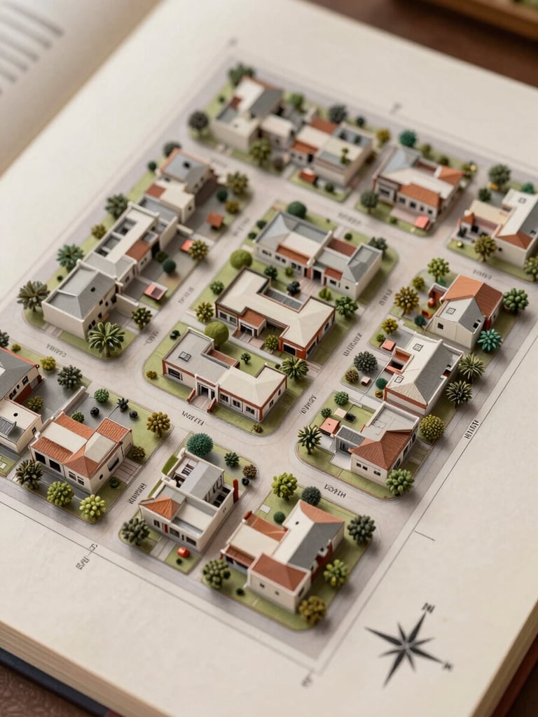 Close-up overhead plan view of a Vaastu-aligned residential township plot layout, Gujarat, India — precise grid of rectangular parcels with labeled road widths and utility corridors, clean architectural drawing on cream paper, soft diffused daylight from above, compass rose visible in lower-right corner