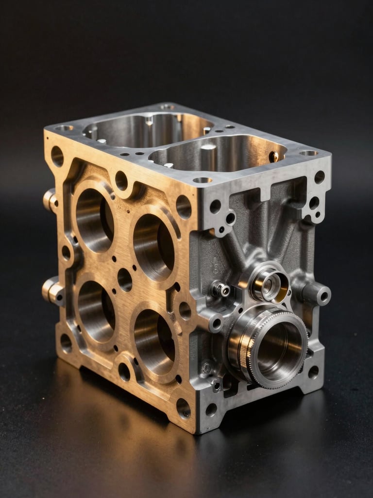 Macro studio shot of a machined titanium engine block, cold silver key lights, warm golden rim lighting, dark reflective background.