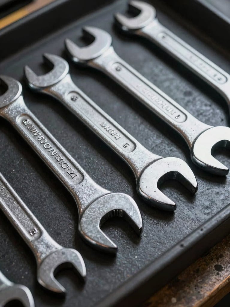 Close-up of forged steel wrenches organized on a clean dark workshop rack, dramatic side lighting highlighting metallic textures.
