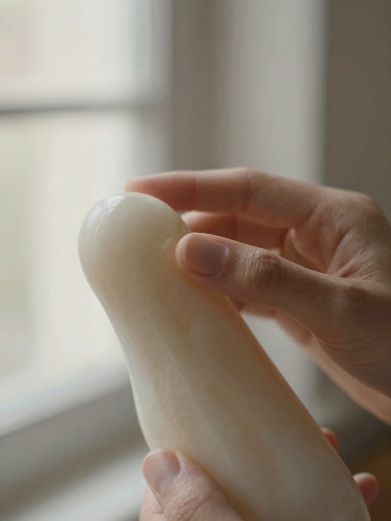 Macro detail shot of a hand gently tracing the sculptural contour of an alabaster somatic device, soft diffused window light, shallow depth of field