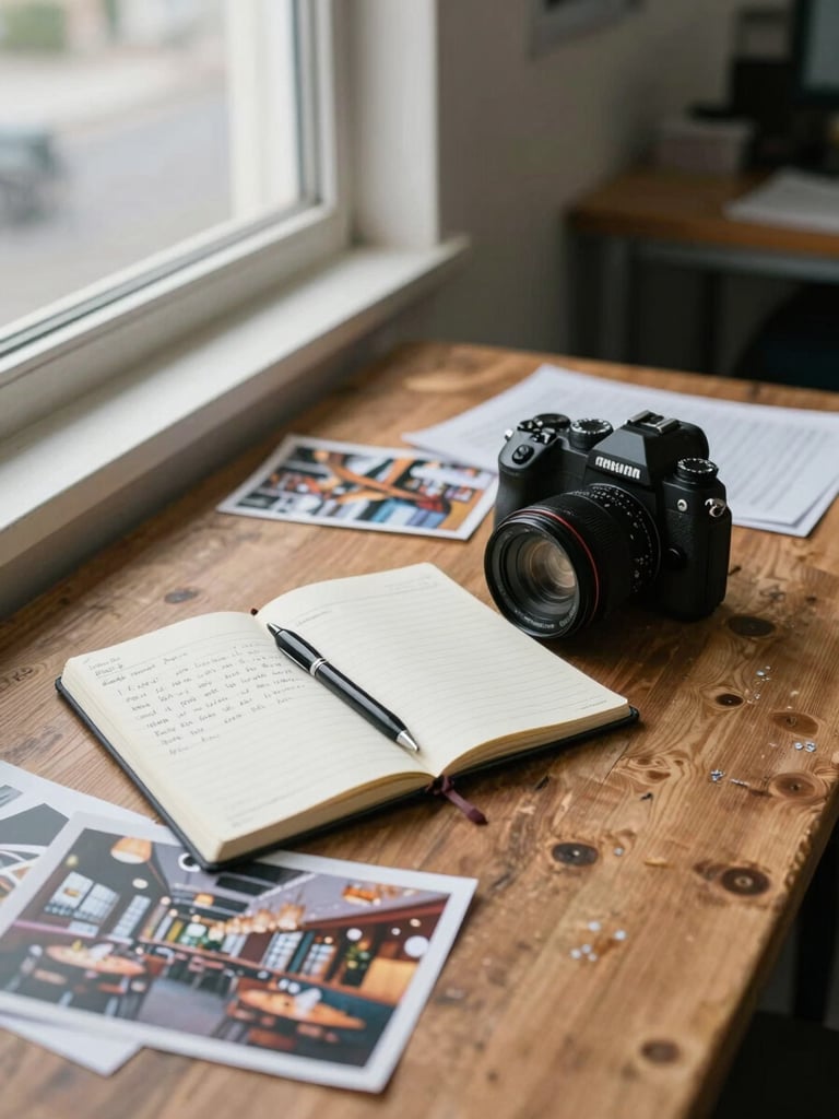 Wide documentary shot of a small agency workspace, a notebook open with handwritten field notes beside a camera body on a worn wooden table, north-facing daylight from a window to the left, scattered reference prints of restaurant interiors, ink pen resting across the page