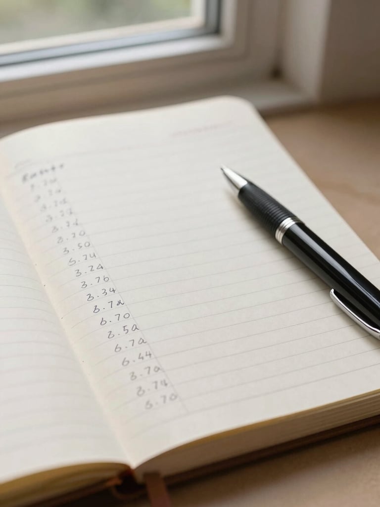 Close-up overhead shot of a worn notebook lying open on a parchment-colored surface, handwritten column of reservation tallies visible, a ballpoint pen resting diagonally across the page, north-facing window light, no faces
