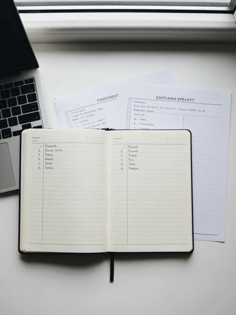 Overhead flat-lay of a clean desk: open planner notebook with handwritten task columns, a laptop keyboard edge entering from the left, two printed checklist sheets side by side, cool north-facing window light, minimal objects, no clutter