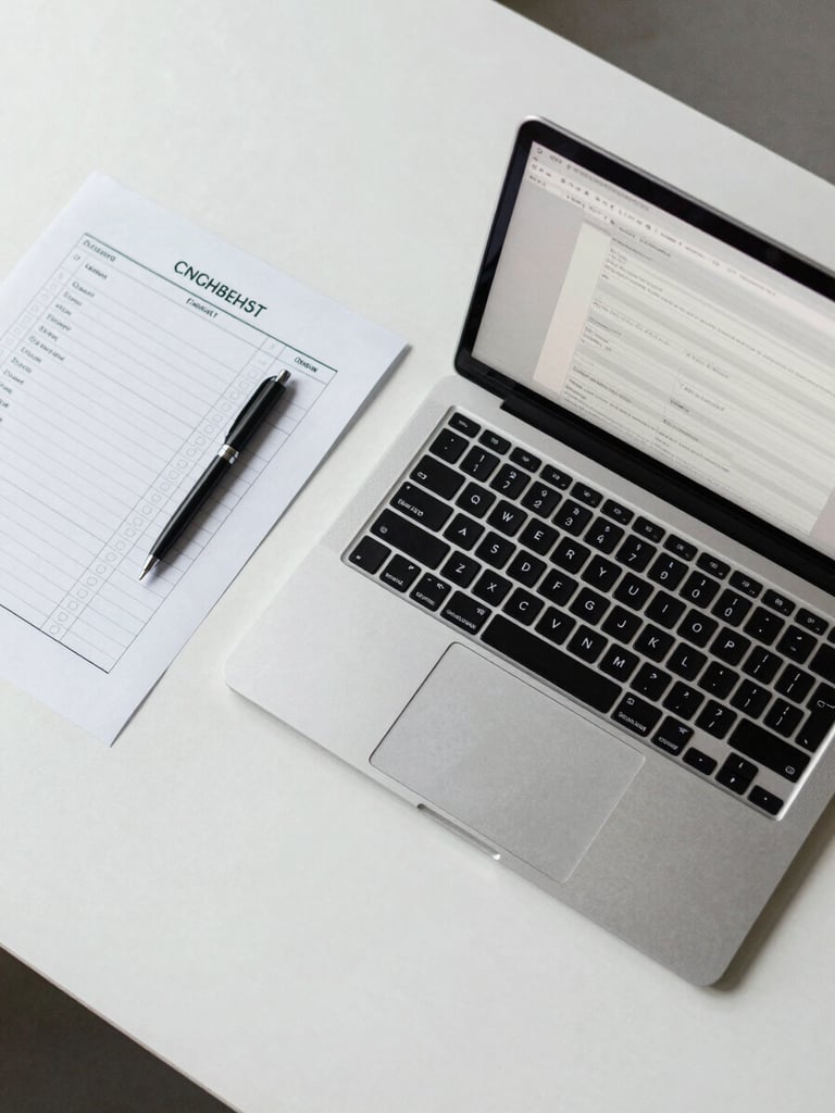Overhead flat lay of a clean desk workspace, a laptop open to a structured template document, a printed checklist alongside a minimal pen, cool north-facing studio light, no clutter, white and gray tones