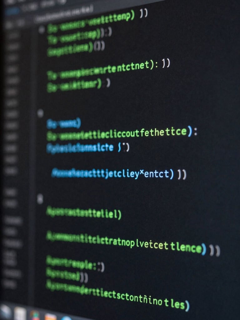 Macro shot of clean code on a high-density display with subtle green LED glows in the dark background, sharp focus, technical atmosphere.
