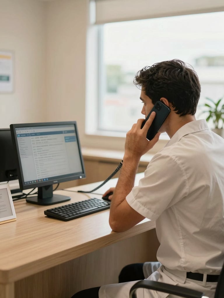 Brazilian clinic reception area, staff member on a phone call with a scheduling screen in front of them, warm natural light from window, calm working environment, medium environmental shot