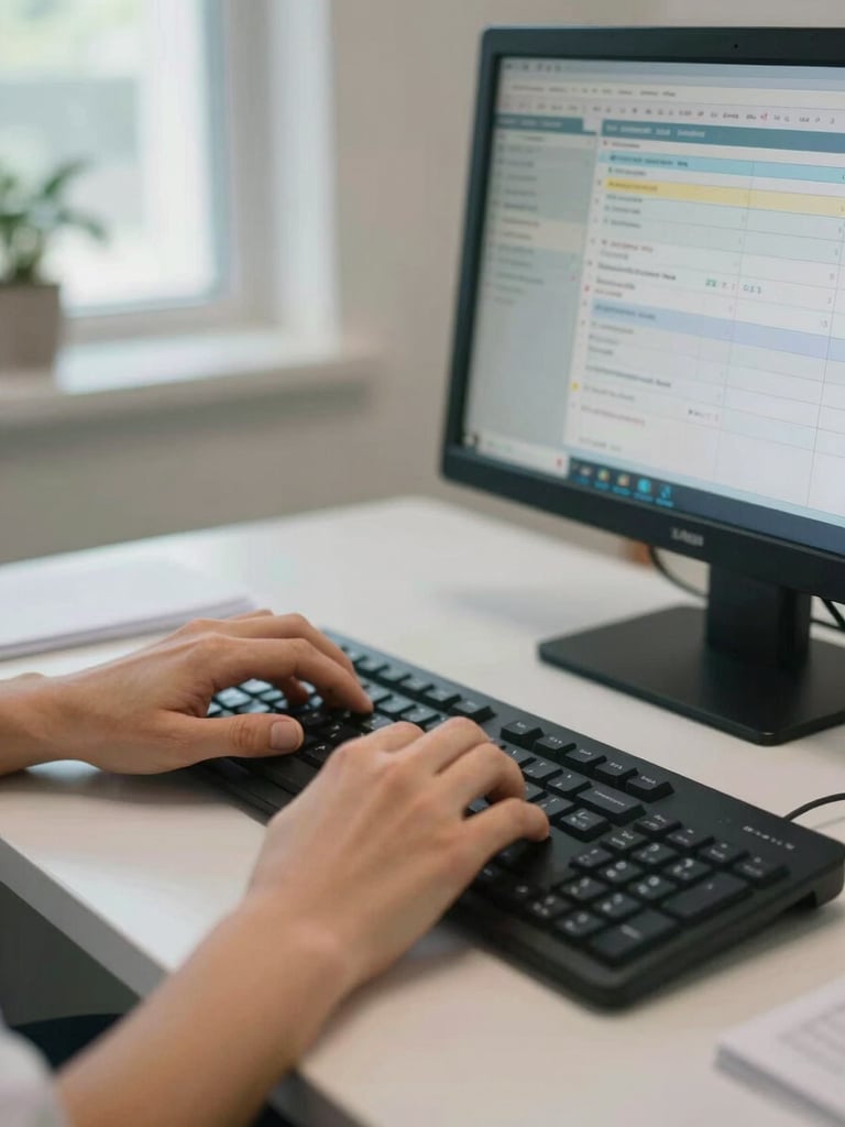 Close-up of a clinic staff member's hands on a keyboard, scheduling software visible on screen, natural daylight from a window to the left, reception desk surface in the foreground, real working clinic environment
