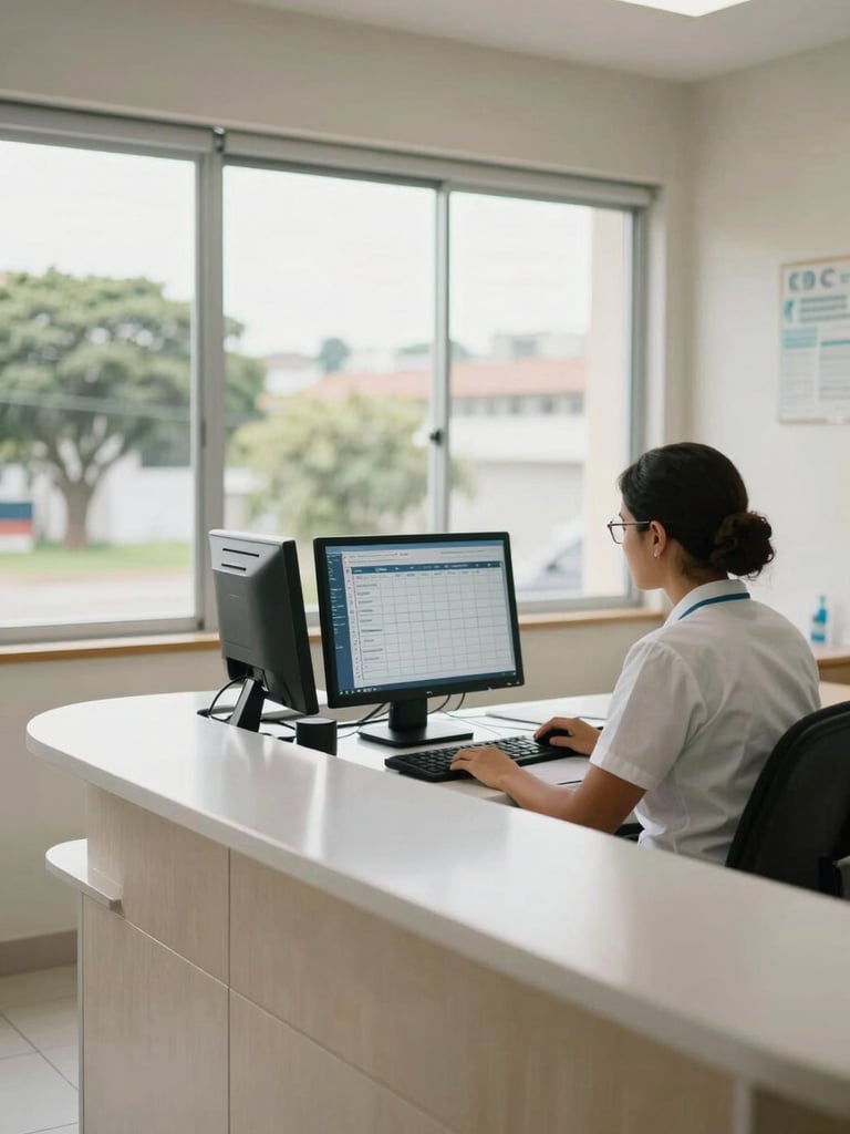 Wide environmental shot of a Brazilian clinic reception desk in natural window daylight, a staff member at a computer screen with an appointment calendar open, clean tiled counter in the foreground, calm working atmosphere, no staging