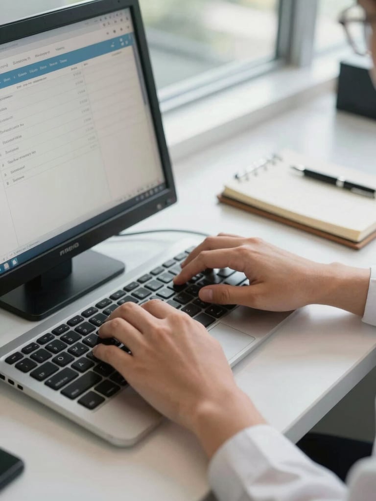 Close-up of a clinic receptionist's hands typing on a keyboard, appointment scheduling software visible on screen, natural daylight from a nearby window, desk surface with a notebook and pen