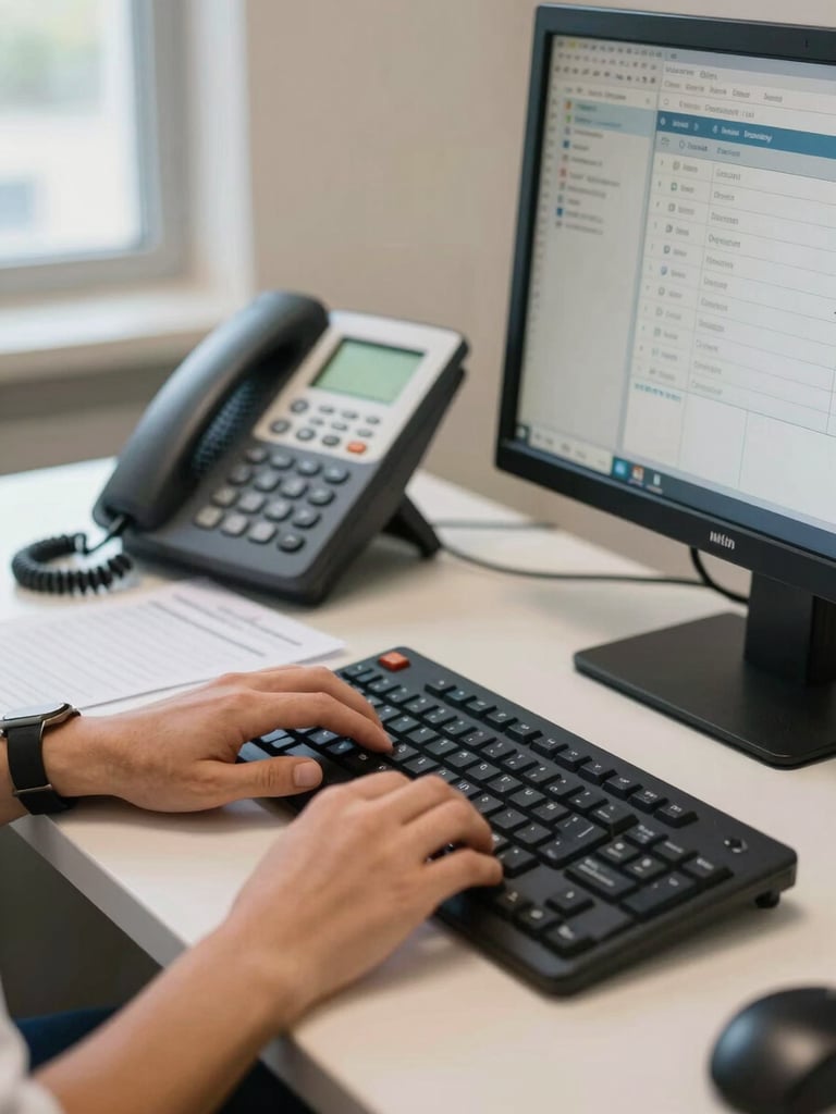 Close-up of a clinic staff member's hands on a keyboard next to a desk phone, scheduling software visible on the monitor screen, natural window light from the left, reception counter surface with appointment papers, warm and functional tone