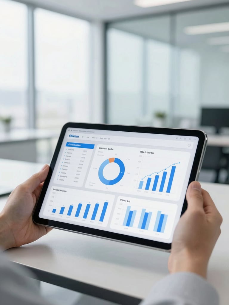Close-up of a professional reviewing a clean analytical dashboard on a tablet in a bright, modern glass-and-steel office, natural overcast light, 35mm.
