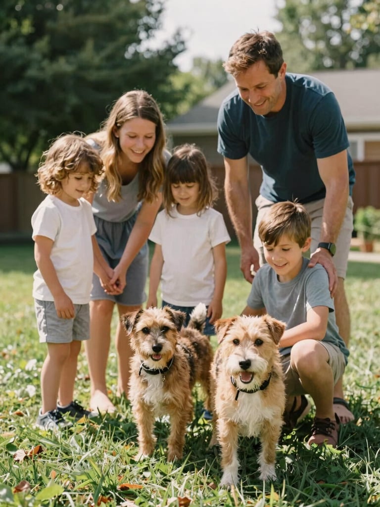 A warm, candid shot of an Indiana family playing with their adopted terrier in a sunny backyard, eye-level, natural daylight, 35mm