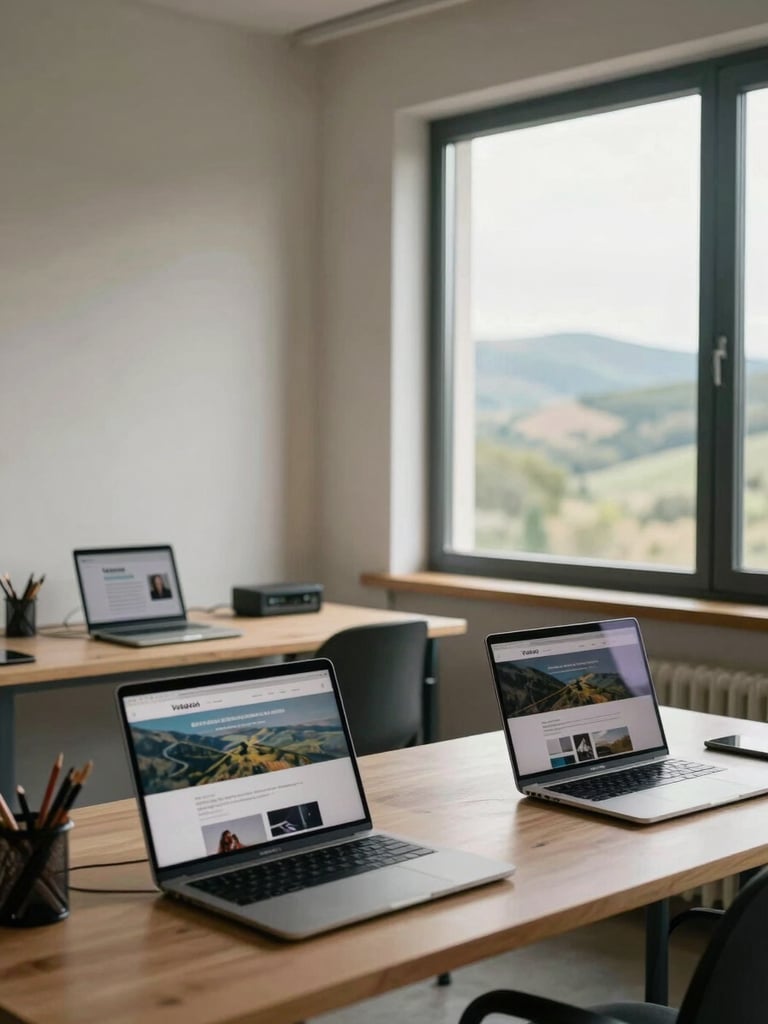 Wide environmental shot inside a modest studio workspace, two desks with open laptops showing website mockups, the Vallès Oriental hills visible through a large window to the right, soft north-facing daylight, no people, calm and unhurried