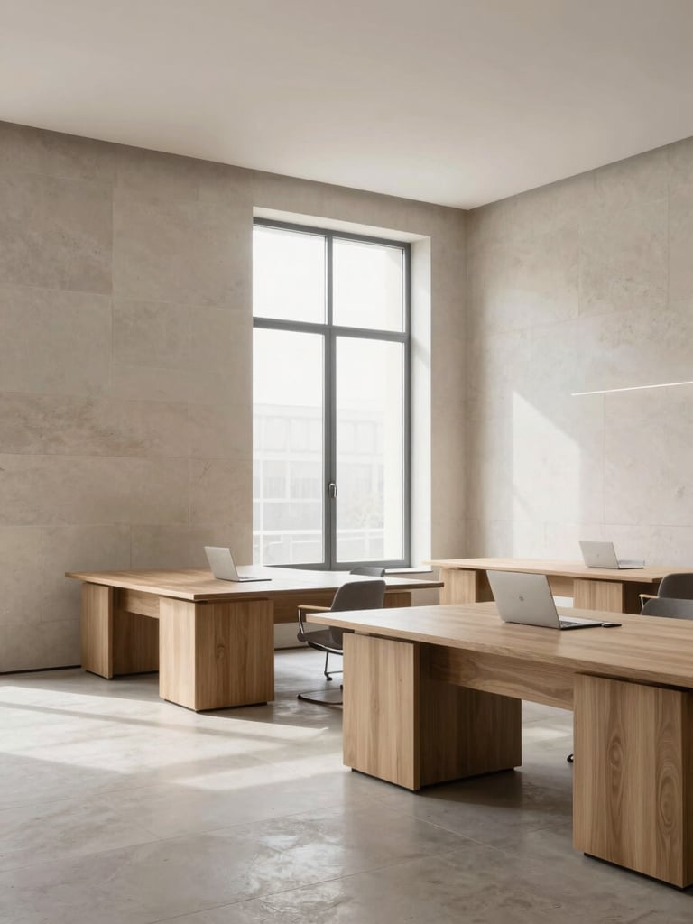 An elegant Scandinavian office interior with minimalist oak furniture, desaturated neutral stone walls, soft diffused daylight streaming through a large steel-framed window, 35mm architectural photography