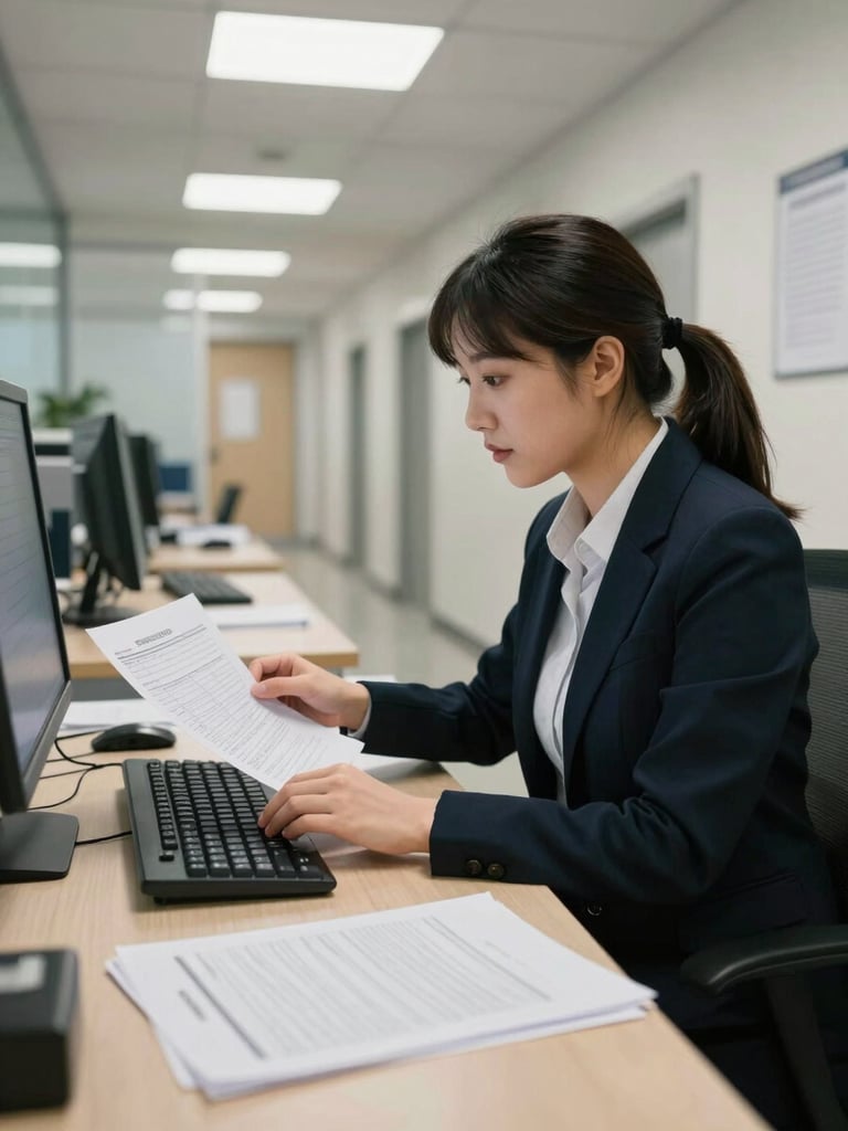 Medium-wide office interior, a practice manager seated at an intake desk reviewing a stack of paper claims under overhead fluorescent lighting, hands resting on a keyboard, claim forms visible in foreground, quiet clinical hallway receding in background