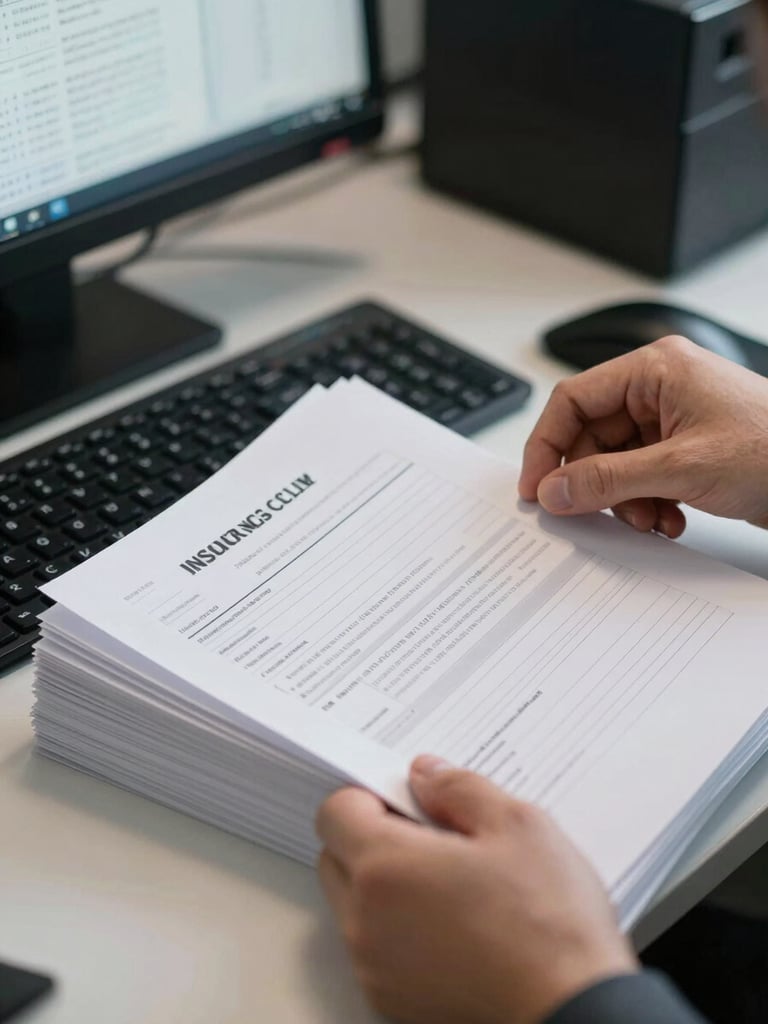 Close-up overhead shot of hands sorting through a stack of insurance claim forms on a desk under cool office lighting, a computer screen visible in the background showing a spreadsheet, no people visible above the wrist