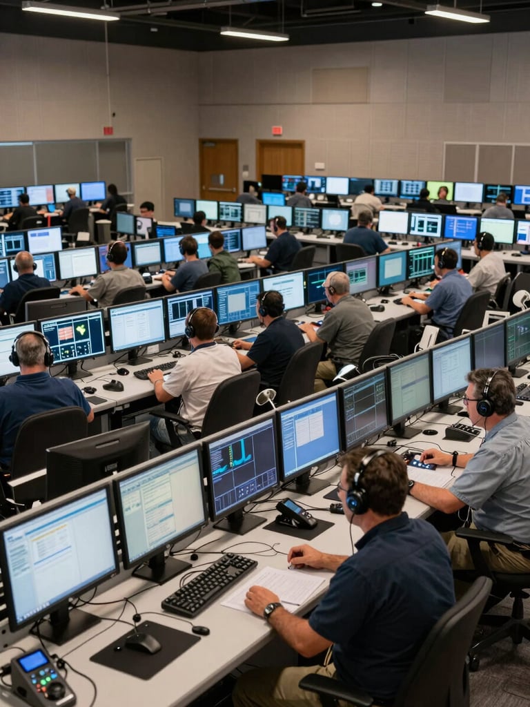 Wide environmental shot of a high-density live production control room in Golden, Colorado, engineers in headsets focused on glowing monitor walls.