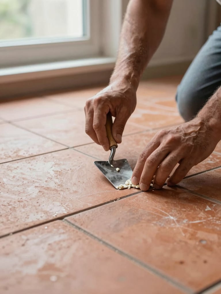 Close-up of a craftsman's hands carefully laying terracotta floor tiles on a residential floor, natural daylight from a nearby window, trowel and mortar visible at the edge of the frame, shot at floor level from a homeowner's perspective