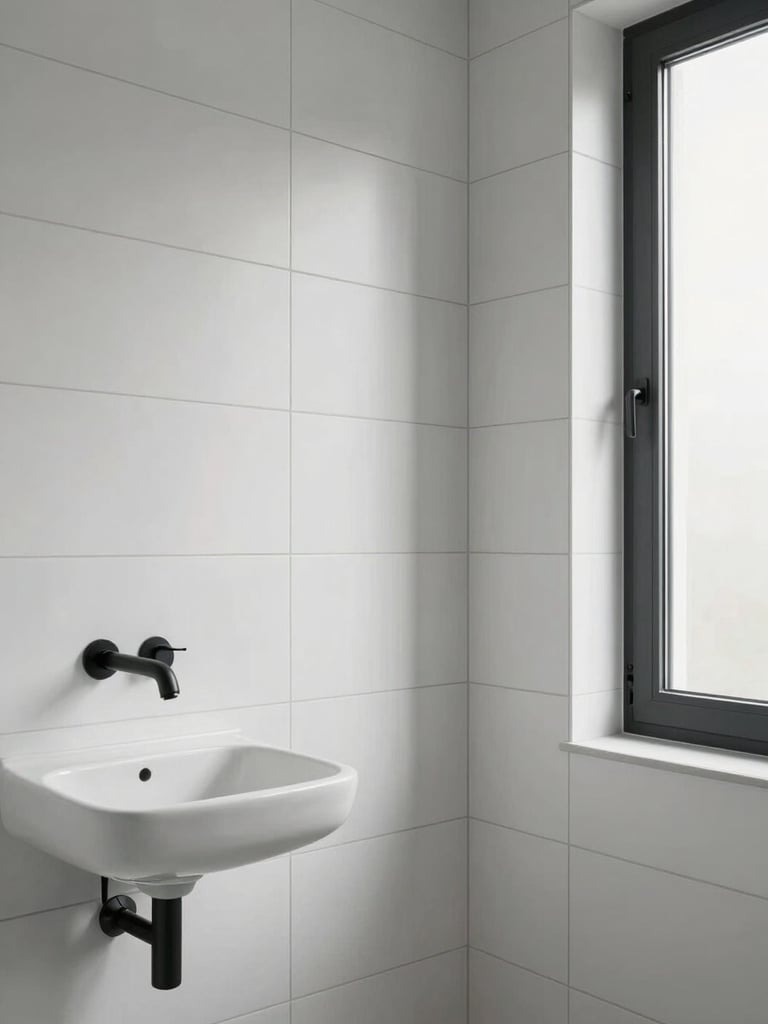 Eye-level view of a freshly completed bathroom renovation in a Milan apartment — large-format white wall tiles with fine grey grout lines, a wall-mounted basin and matte black tap visible to the left, natural north-facing light entering from a frosted window on the right, no people, no props
