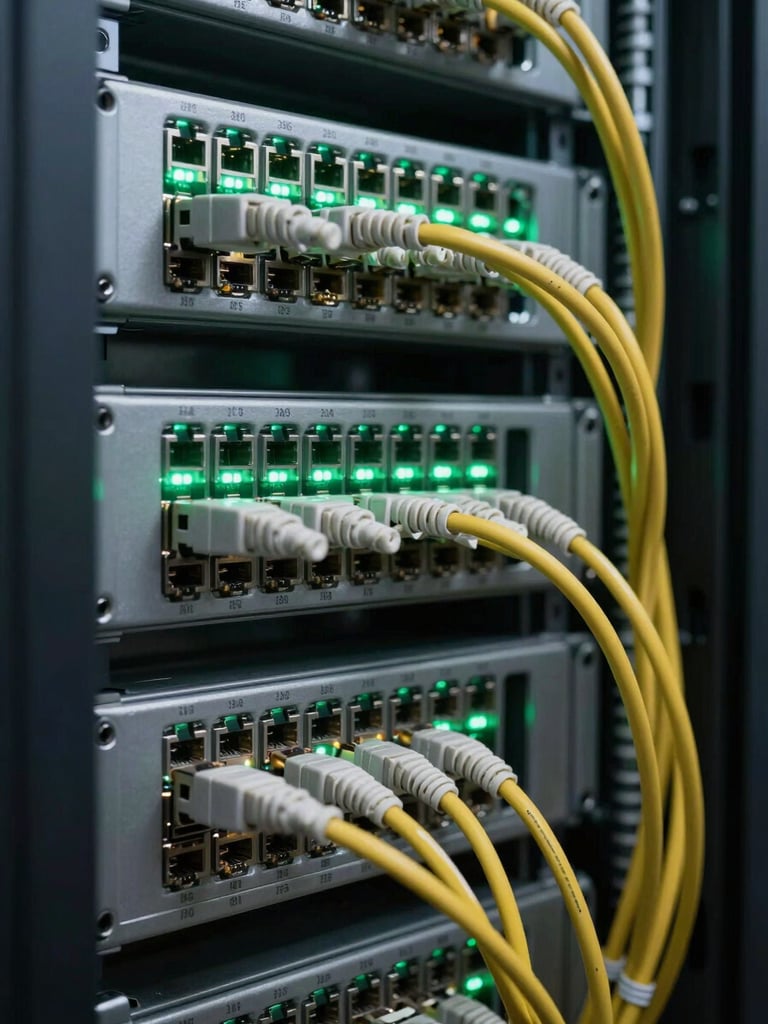 Close-up interior of a network server rack, dense patch panel with labeled ethernet cables and fiber optic connectors, ambient green status LEDs, overcast-diffused lighting revealing cable organisation detail, no people