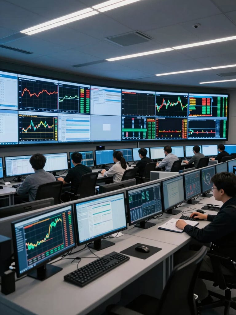 Wide shot of a network operations control room, multiple monitoring screens displaying live traffic graphs and uptime dashboards, dim ambient overhead light with blue-tinted monitor glow on empty operator stations, no people visible, technical precision framing