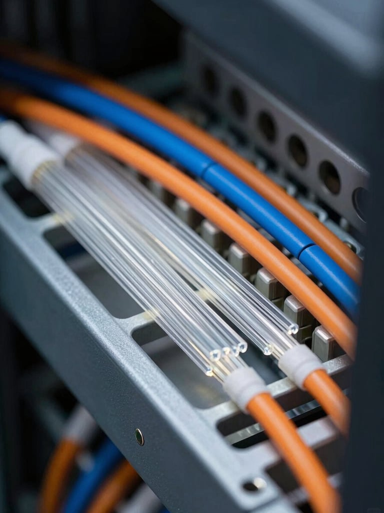 Close-up macro of fiber optic cable splice tray inside a network cabinet, individual glass strands visible under white LED work light, blue and orange buffer tubes organized in tight rows, metal chassis in sharp foreground